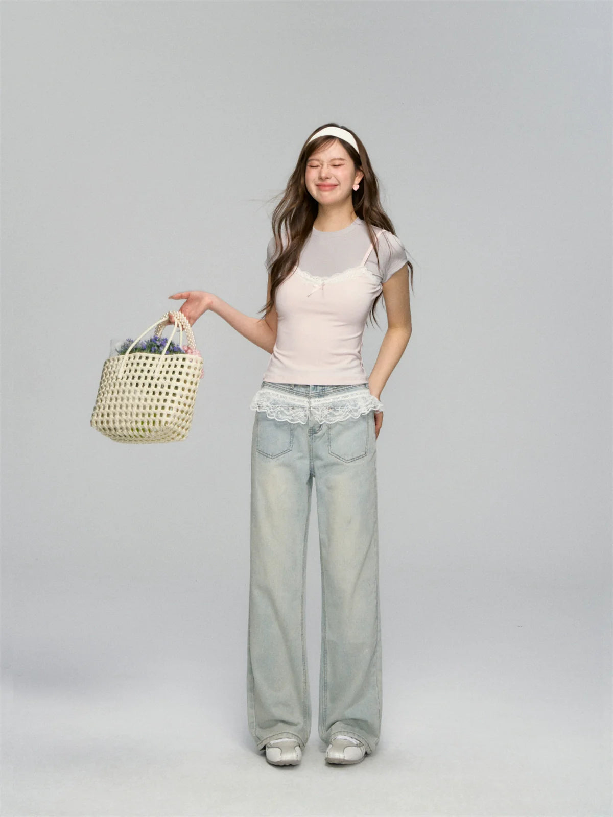 Lace-Trimmed Washed Straight-Leg Jeans Set