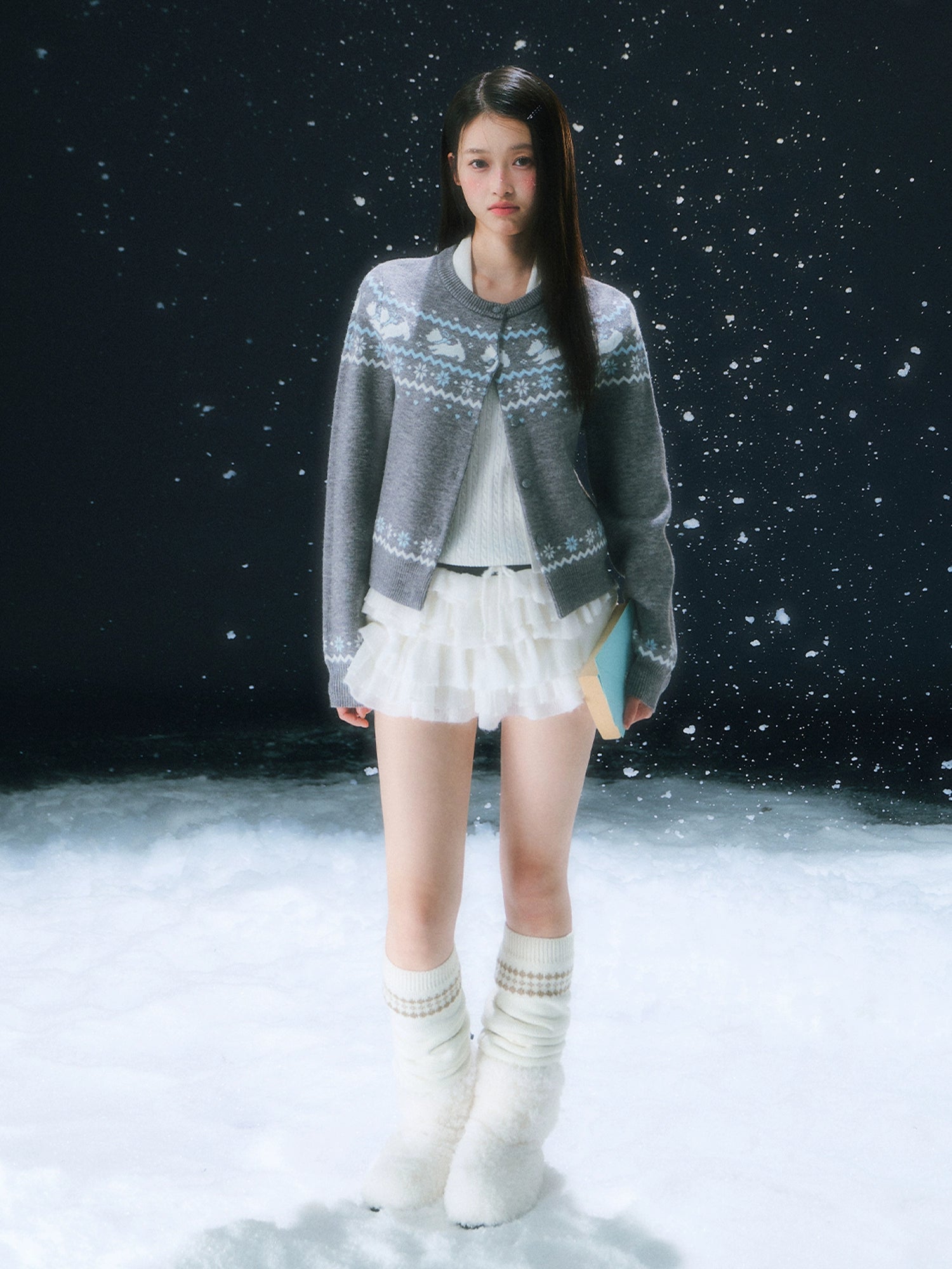 Gray Fair Isle Pattern Knit Cardigan