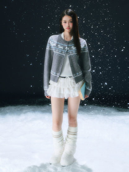 Gray Fair Isle Pattern Knit Cardigan