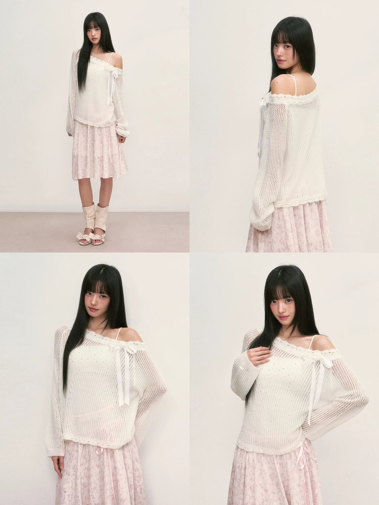 White Lace Knit Blouse &amp; Skirt Set