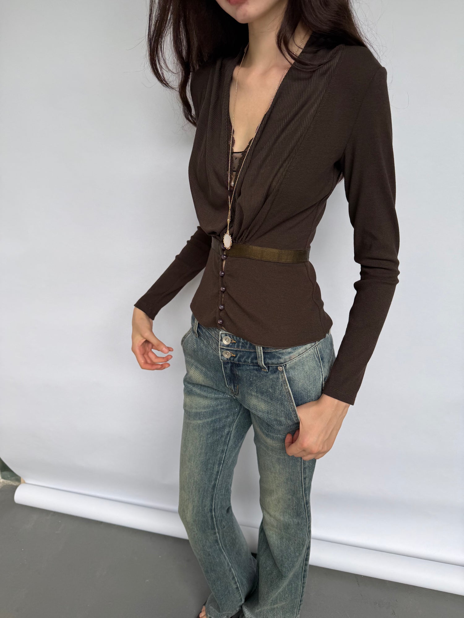 Brown Ruched V-Neck Top