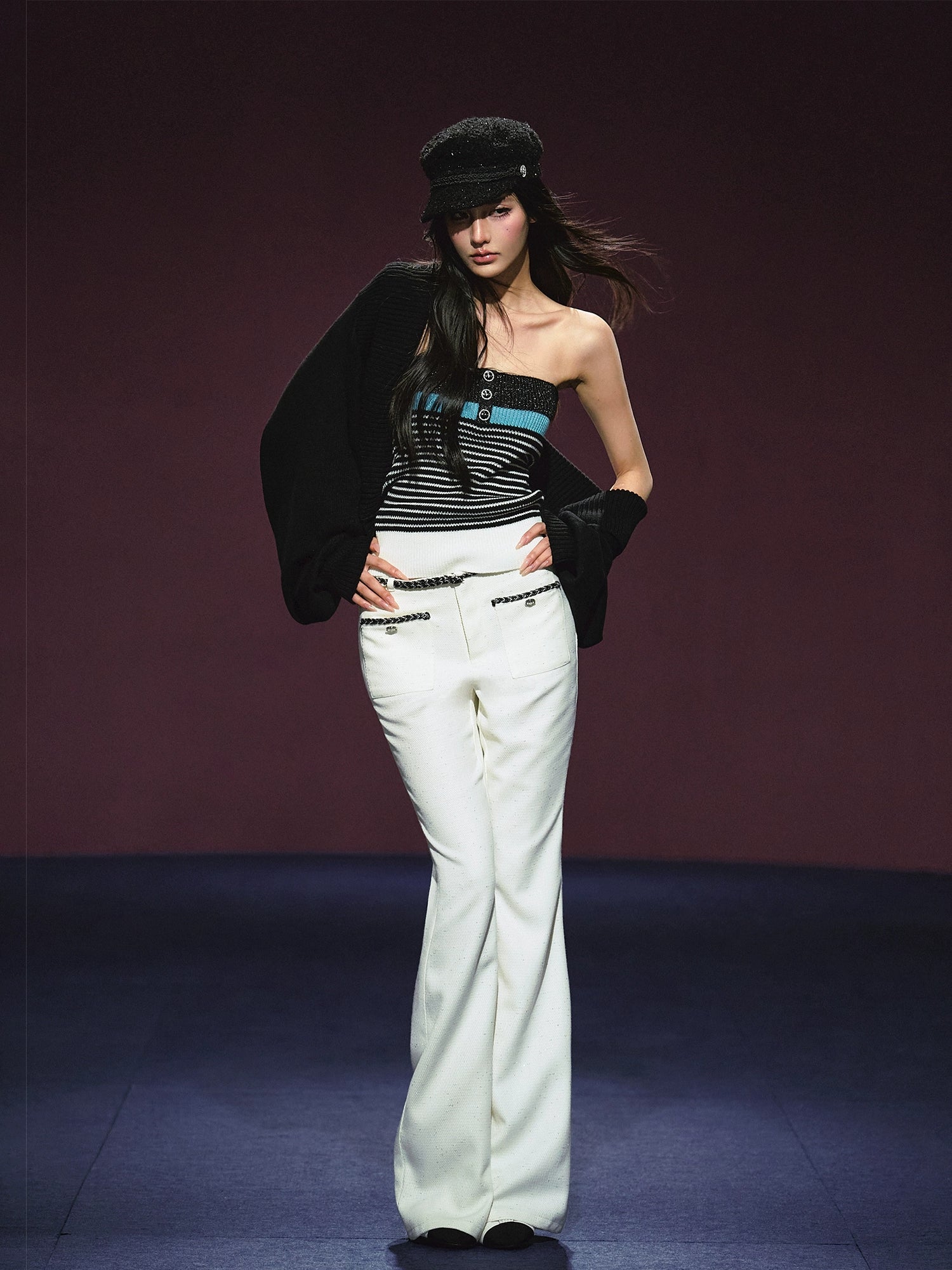Tweed Color-Block Slightly Flared Trousers
