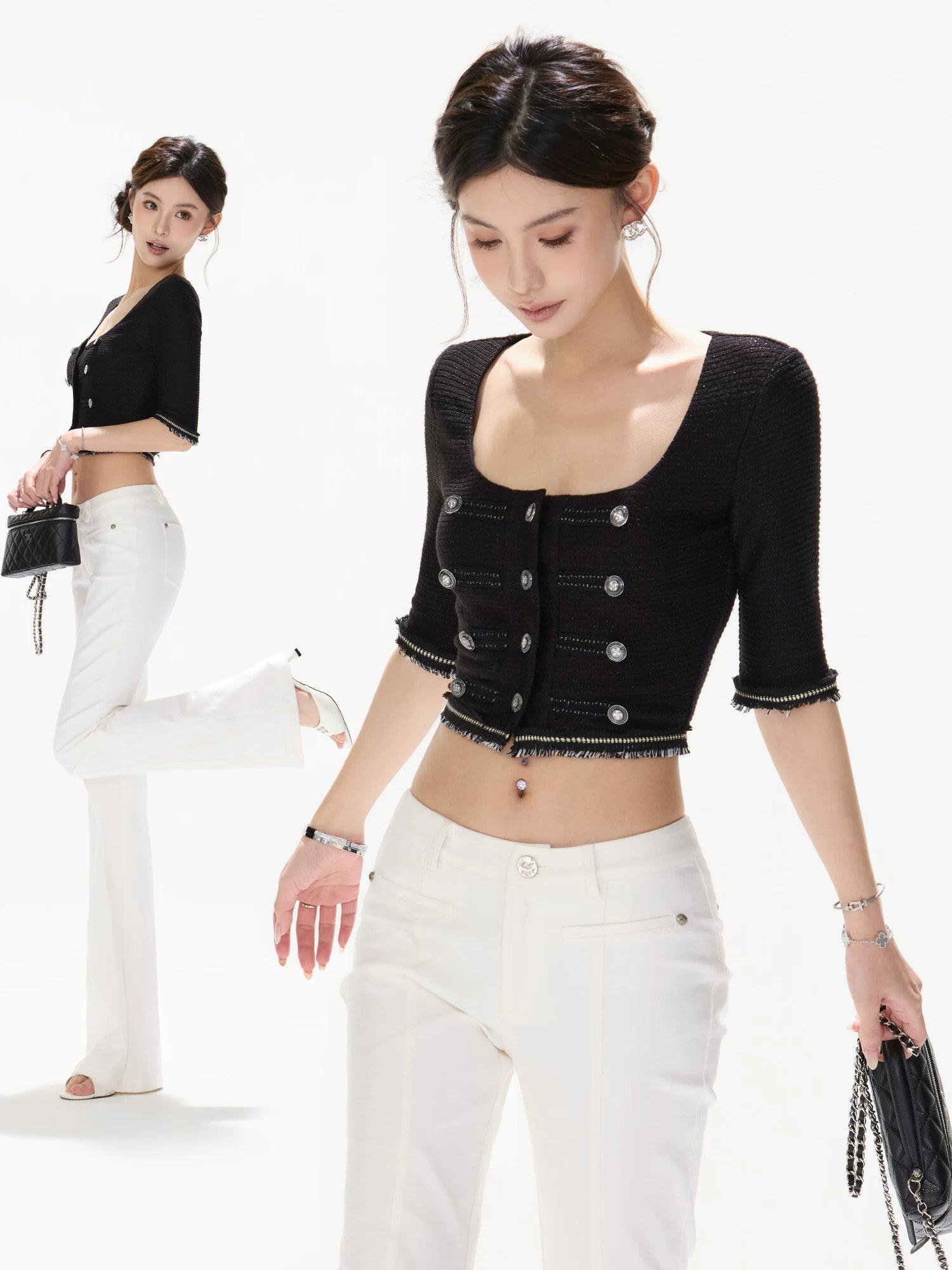 Black Silver Knit Crop Top