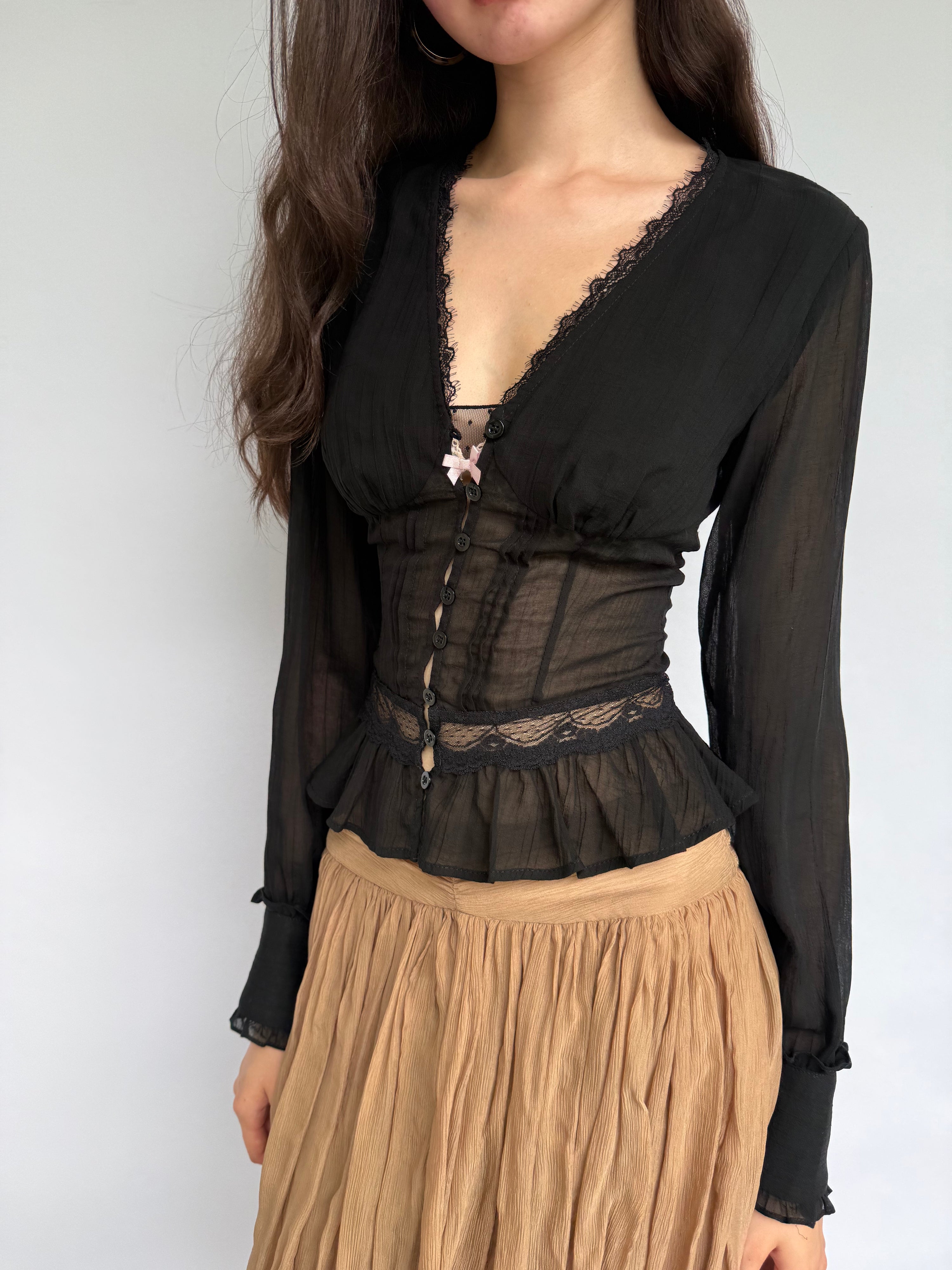 Black Lace Drawstring Cardigan