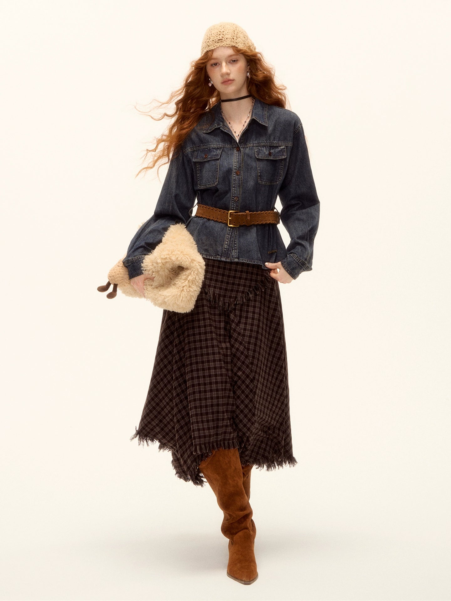 Frayed Hem Plaid Studded Belt Asymmetric A-Line Midi Skirt