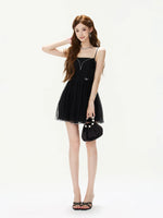 Black Ruched Mesh Mini Dress