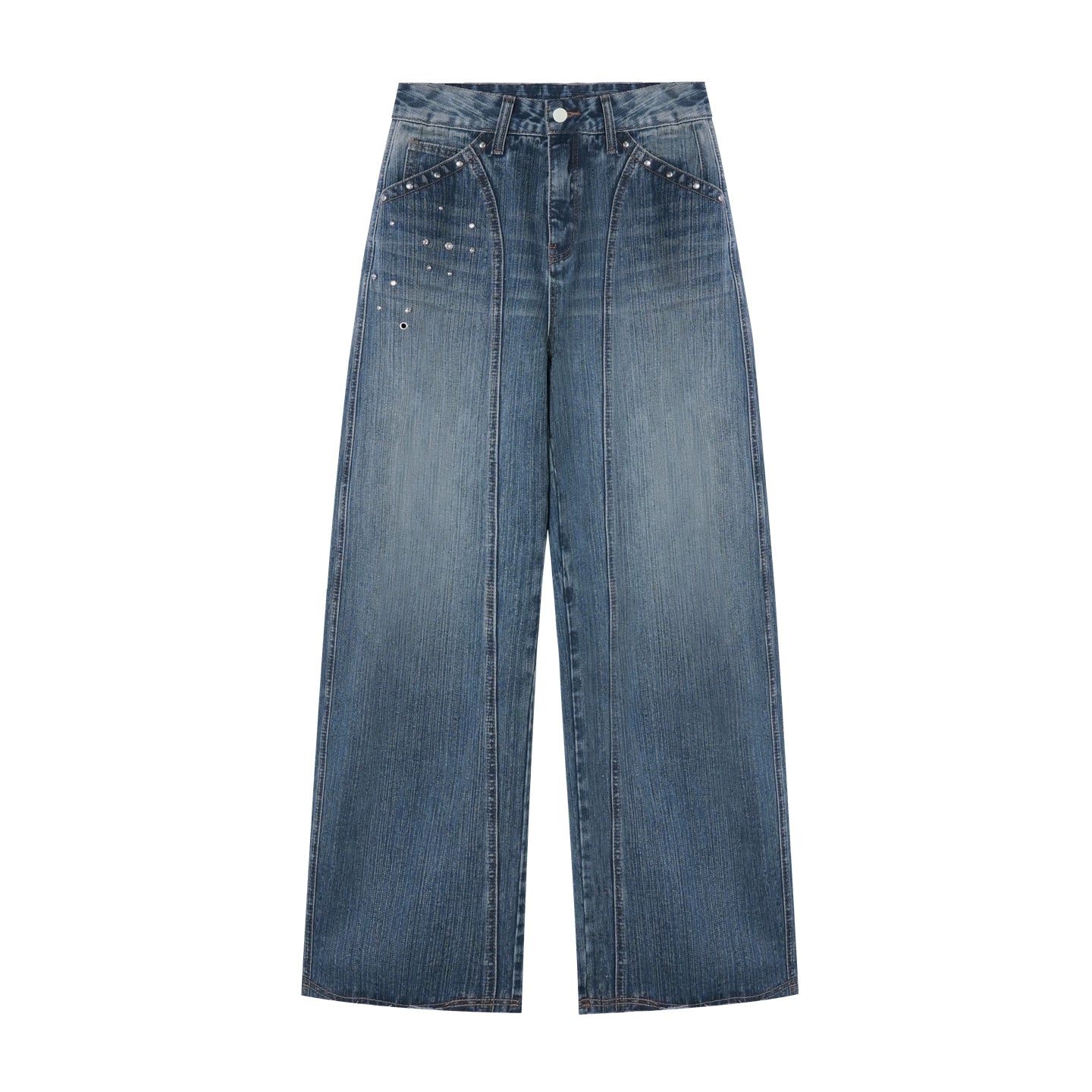 Blue Vintage Studded Wide-Leg Jeans