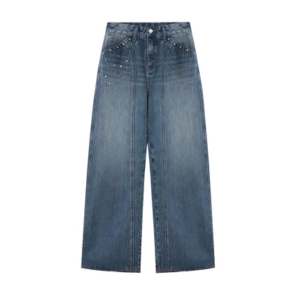 Blue Vintage Studded Wide-Leg Jeans