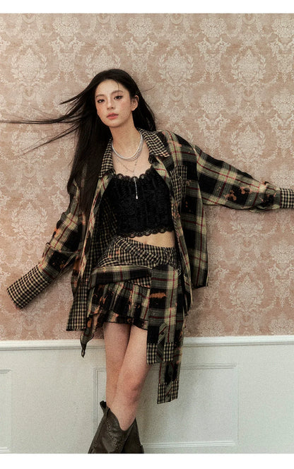 Washed Distressed Plaid Shirt &amp; Skirt Set
