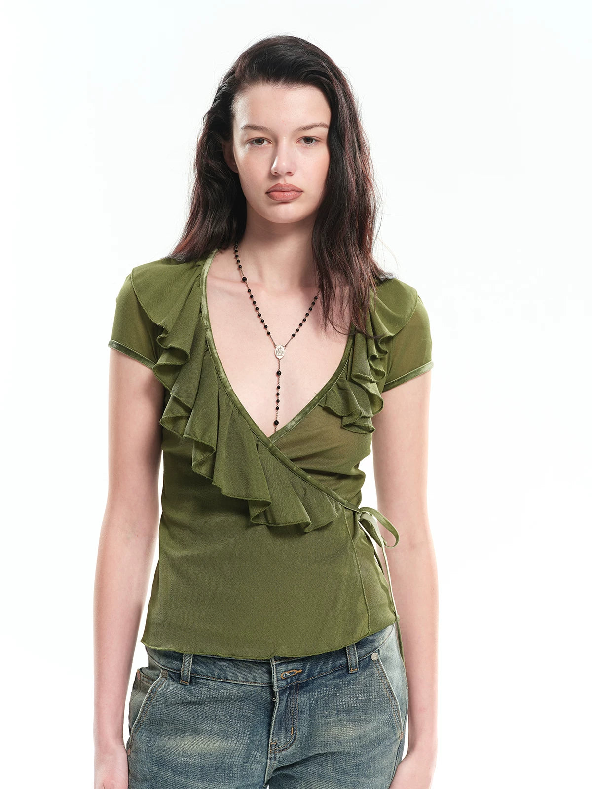 Deep V Ruffle Tie Cardigan