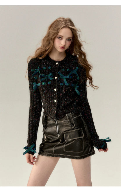 Red &amp; Black Bow Decorated Knit Cardigan