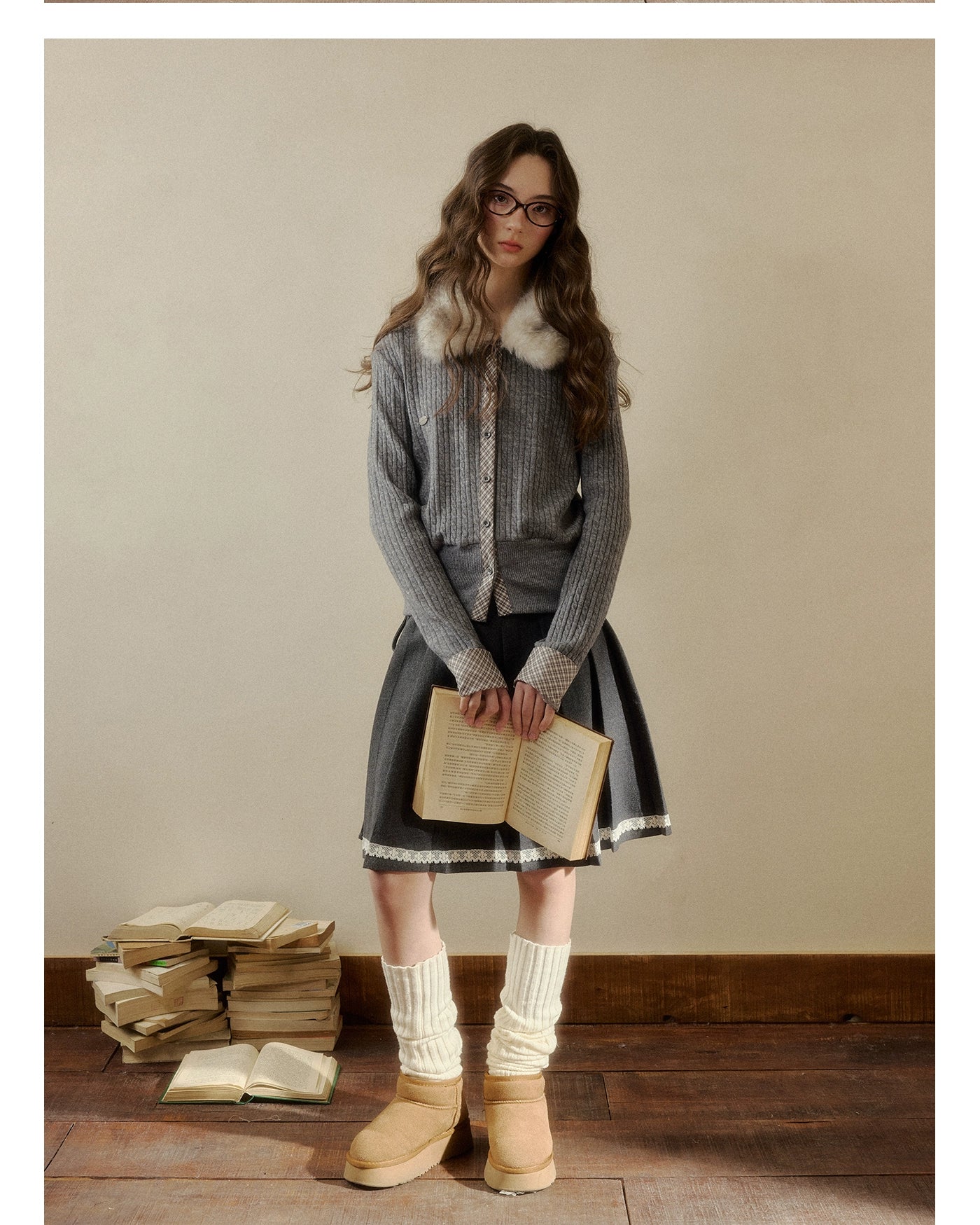 Fur-Collar Plaid Knit Cardigan