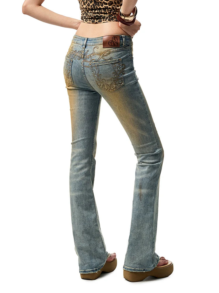 Washed Skinny Low-Rise Denim Flared Pants