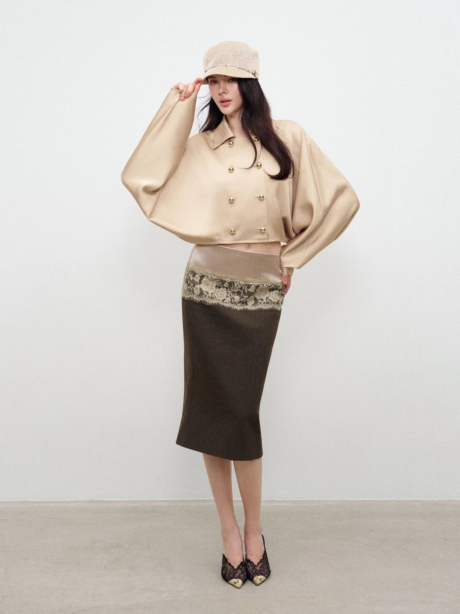 Lace Panel Midi Skirt