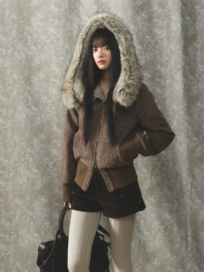 Korean Retro Leopard Wool Hooded Jacket