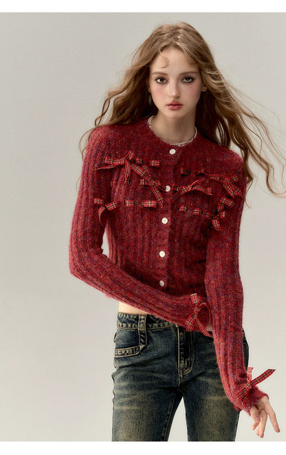 Red &amp; Black Bow Decorated Knit Cardigan