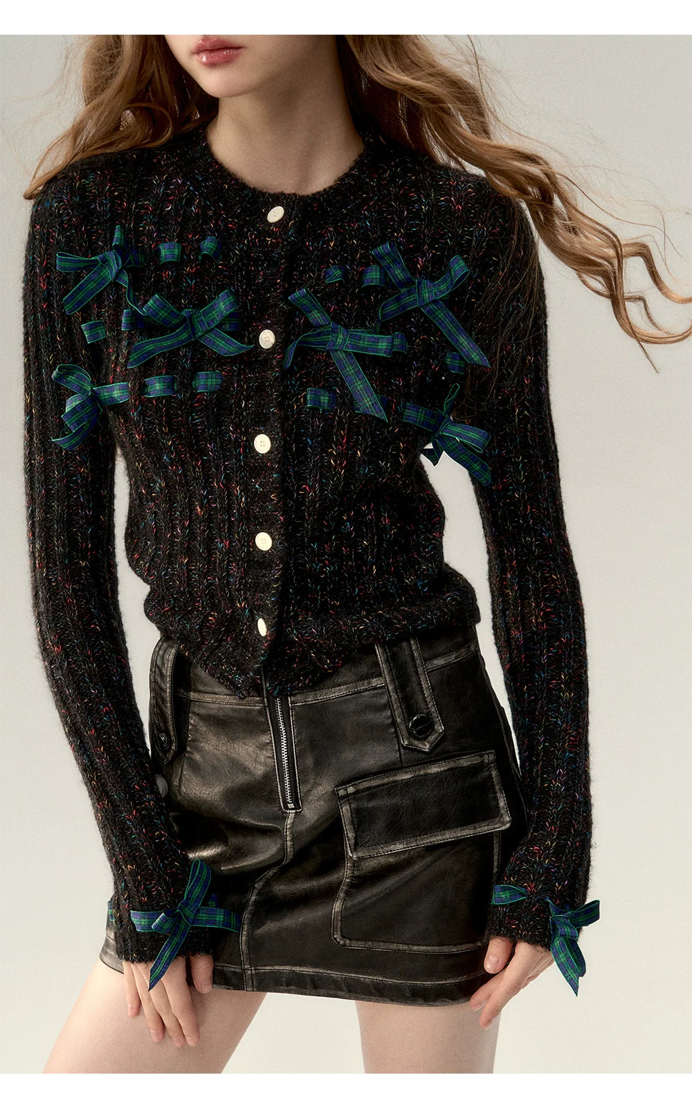 Red &amp; Black Bow Decorated Knit Cardigan