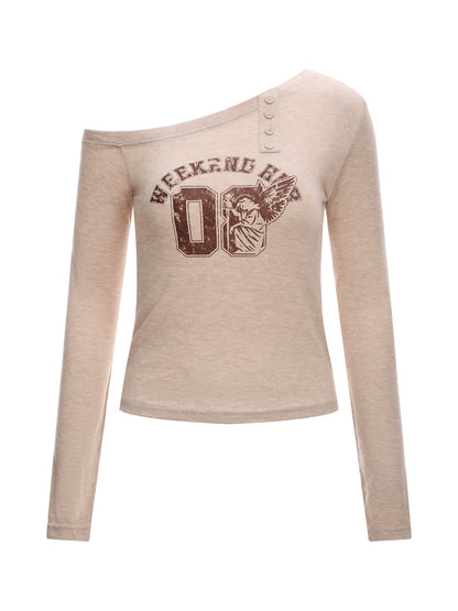 Oatmeal Angel Print Asymmetric Shoulder Top