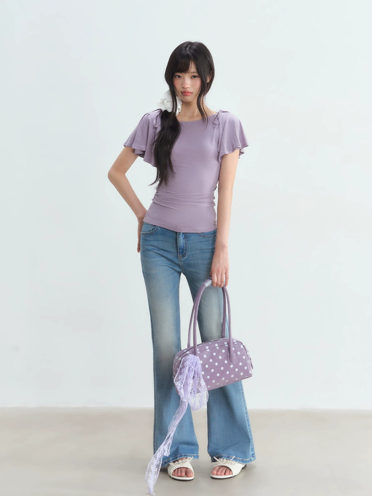 Purple Bow Tie Puff Sleeve Top