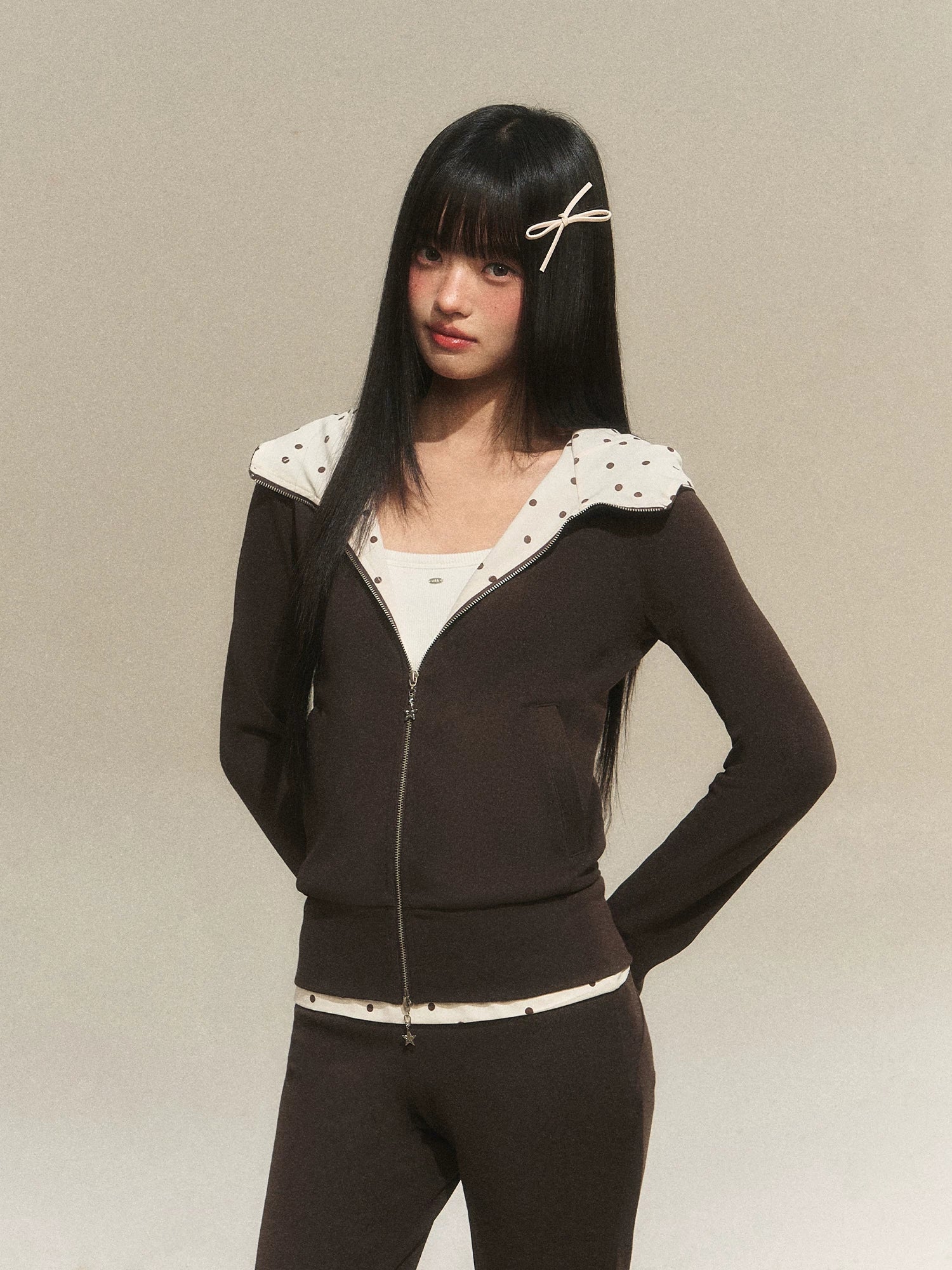 Polka Dot Contrast Zip Hoodie Set