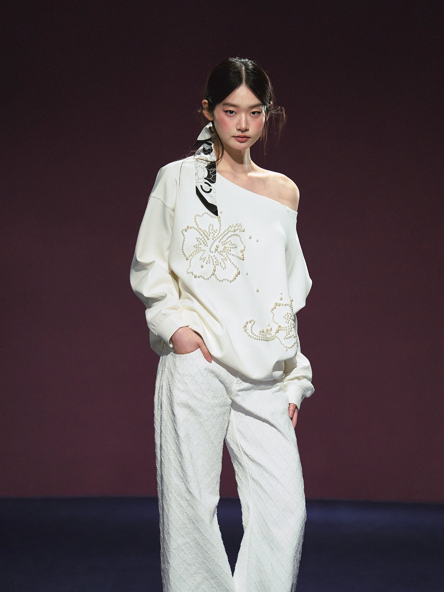 Beaded Off-shoulder Silhouette Sweatshirt