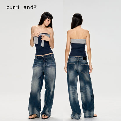 Deep Blue Washed Texture Distressed Denim Jeans