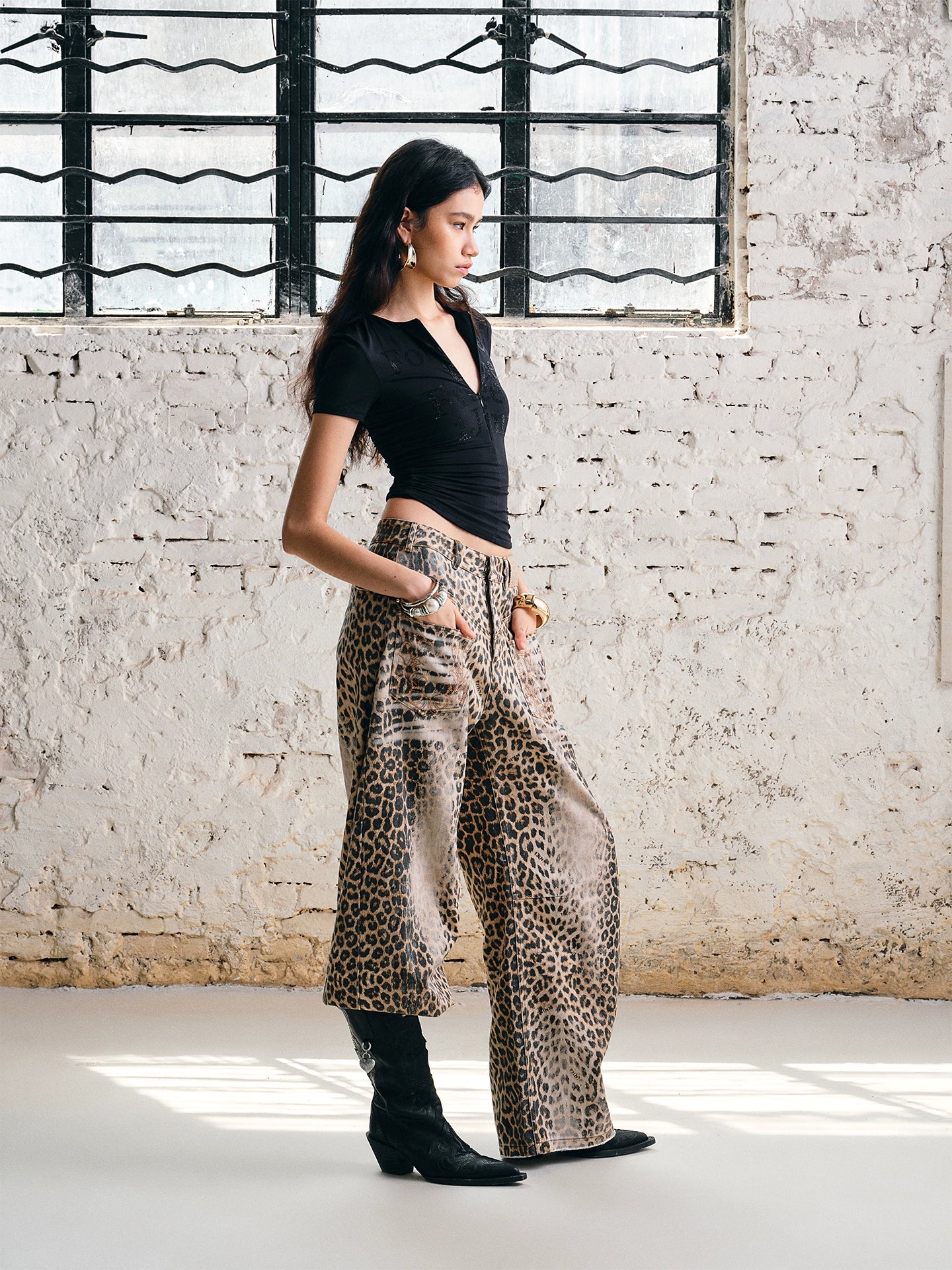 Washed Leopard Print Canvas Curved Pants