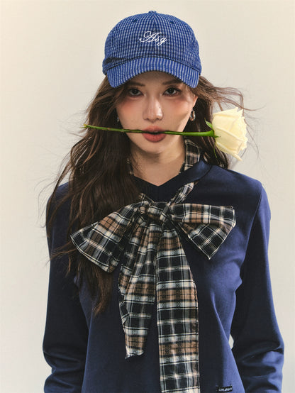 Navy Blue Plaid Bow-Tie Sweatshirt &amp; Pants Set
