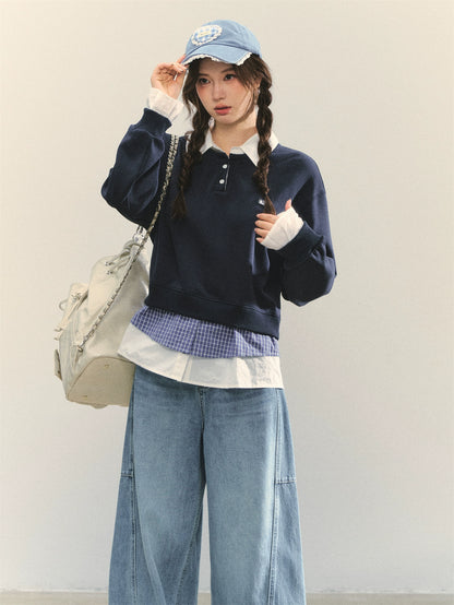 Navy Blue Plaid-Patchwork Polo Sweatshirt