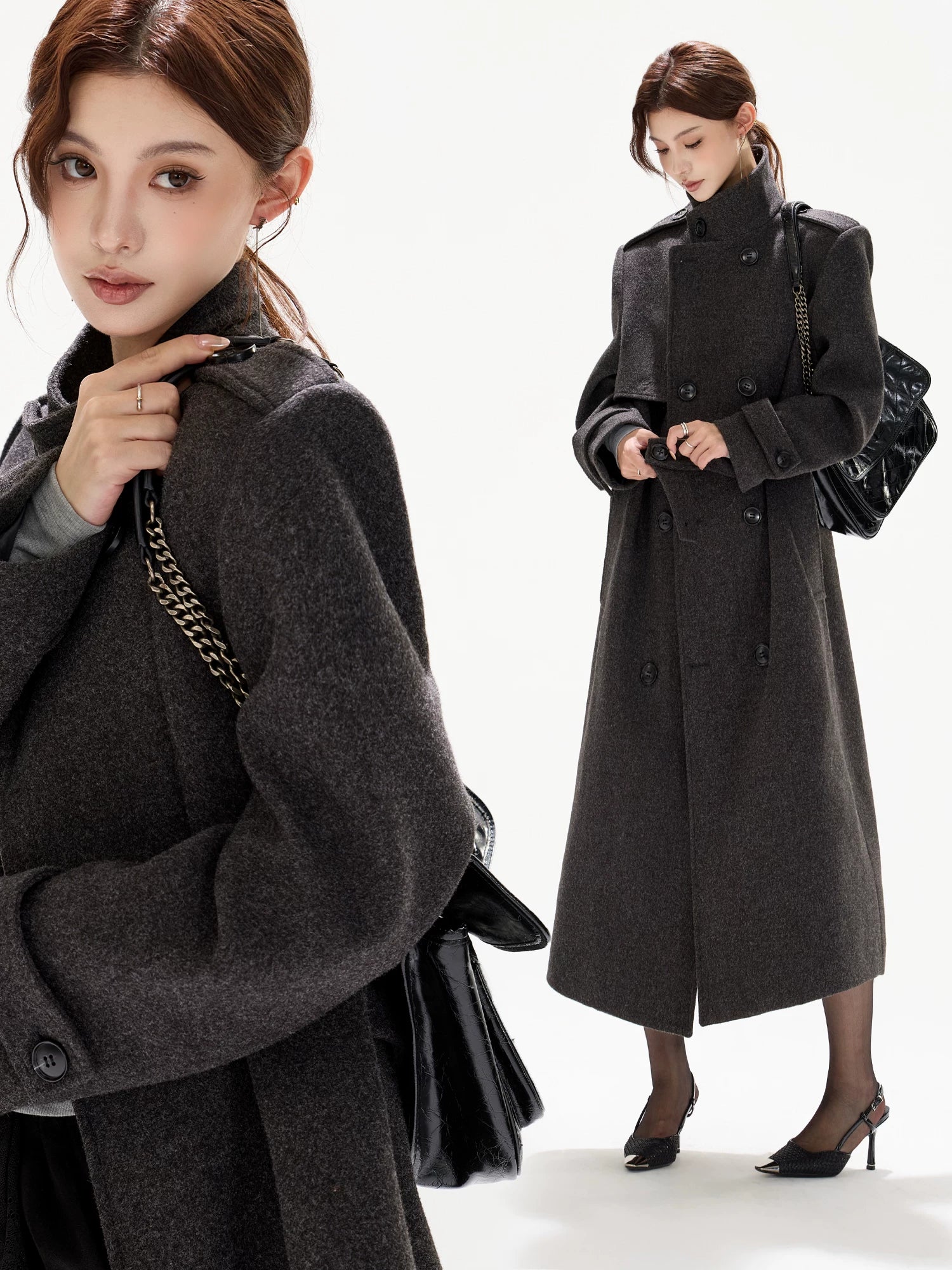 Black Wide-Shoulder Wool Coat
