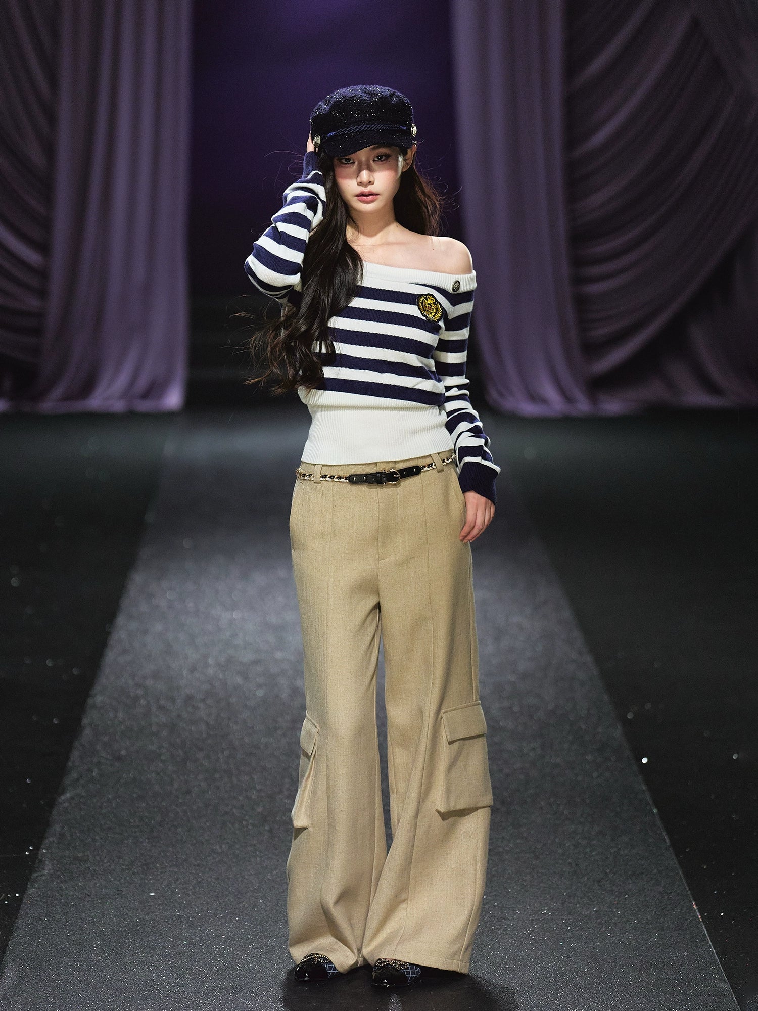 Off-Shoulder Sailor Stripe Sweater