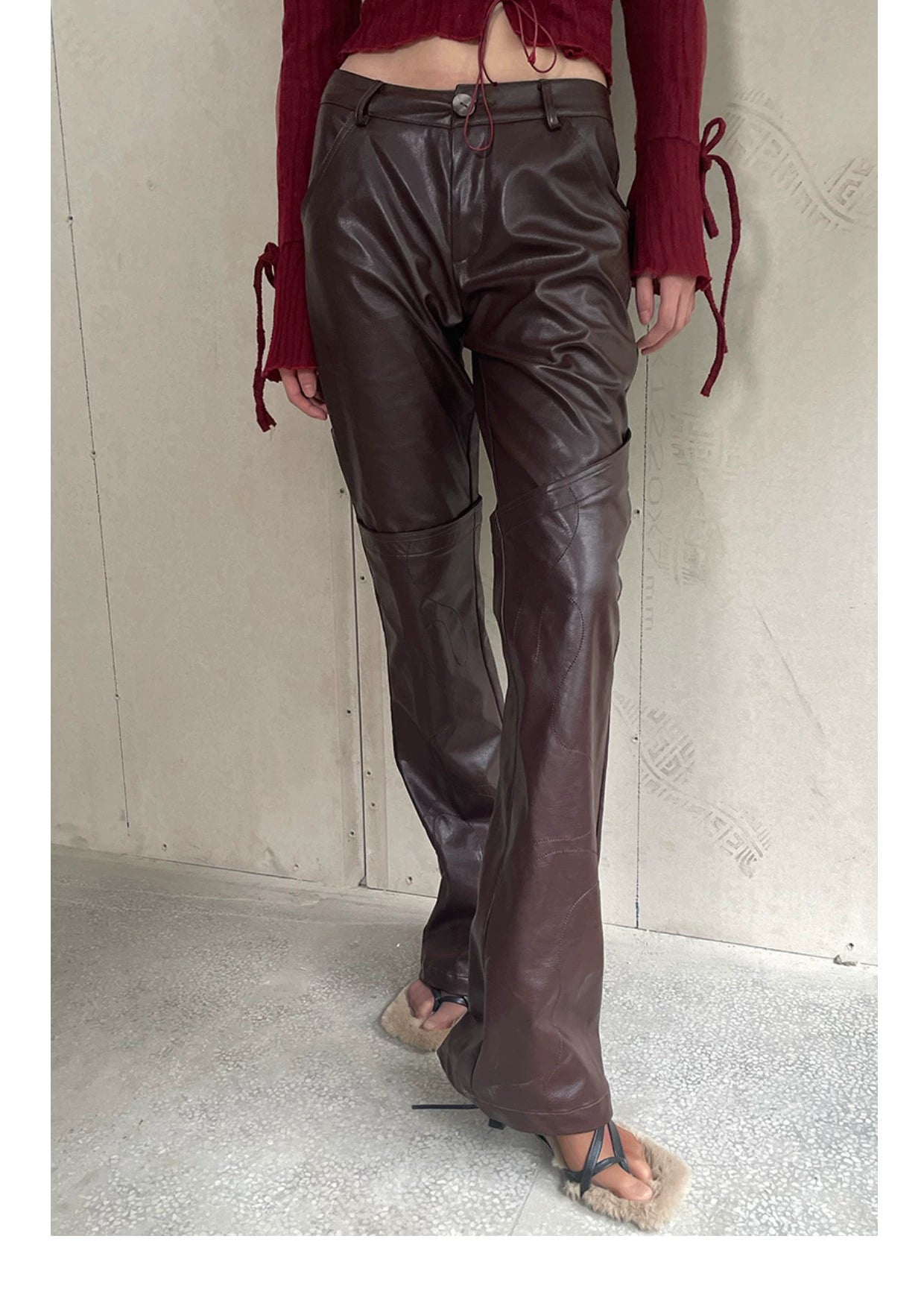 Black &amp; Burgundy Embroidered PU Pants
