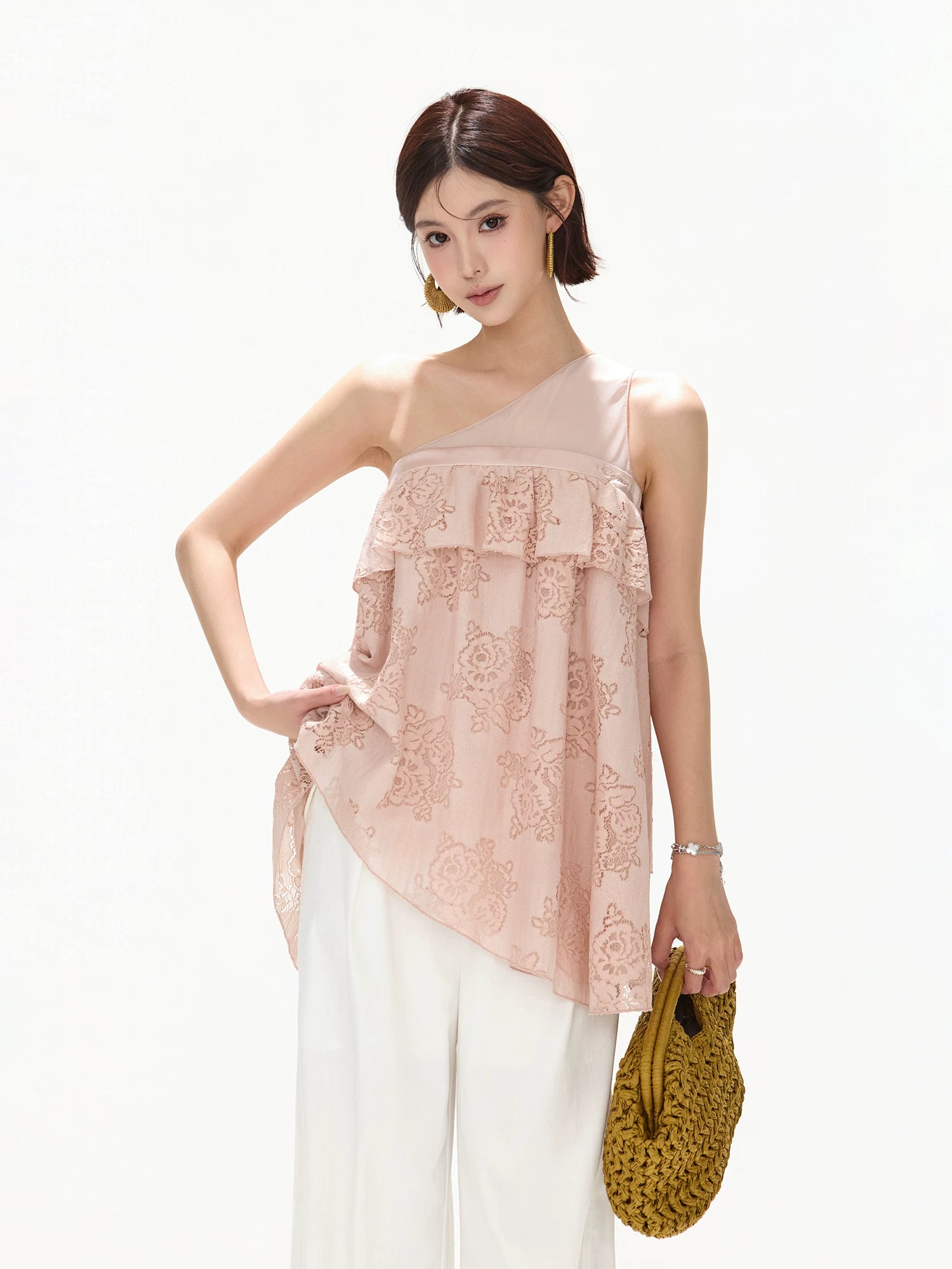 Mesh One-Shoulder Lace Top