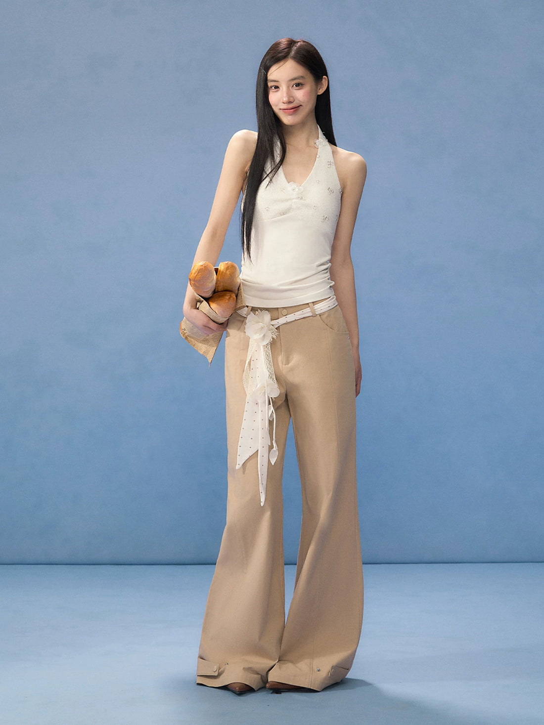 Brown Floral Belt Wide-Leg Pants