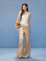 Brown Floral Belt Wide-Leg Pants