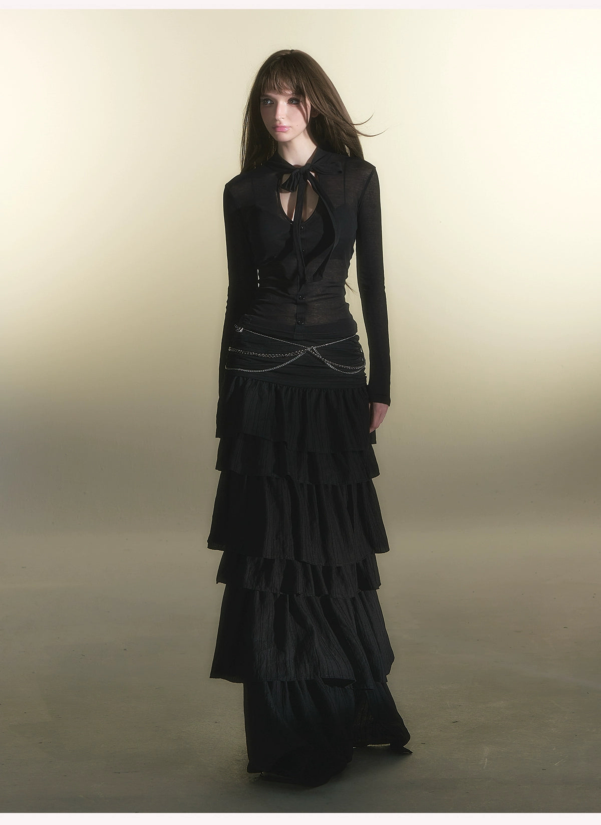 Black V-neck Tencel Wool Long Sleeve Tee