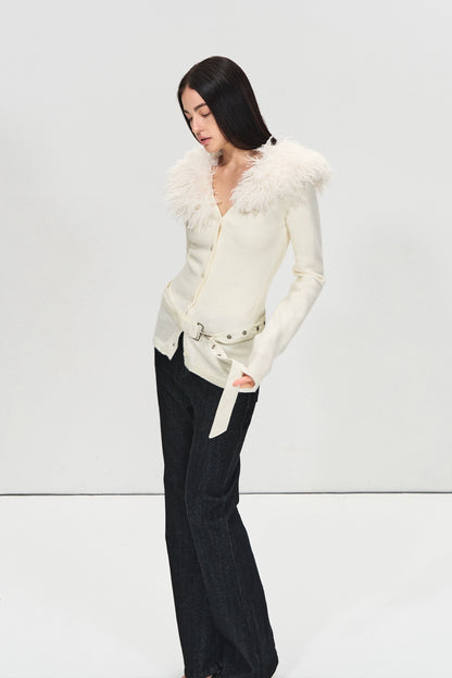 Detachable Fur Collar Suede Belted Cardigan