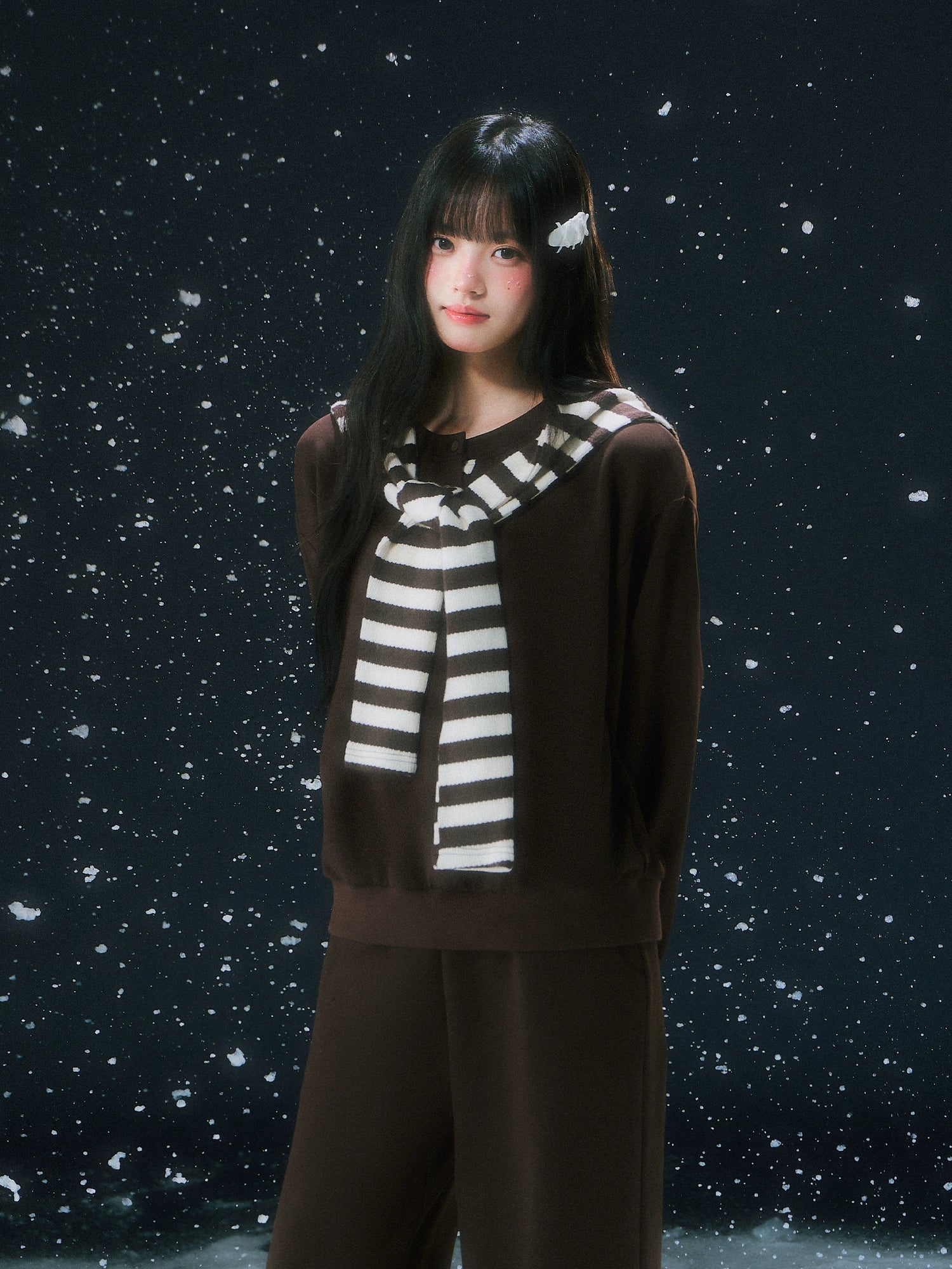 Brown Stripe Hooded Faux Two-piece Sweatshirt