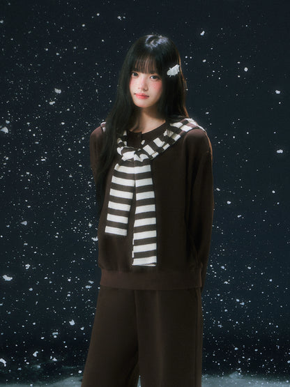 Brown Stripe Hooded Faux Two-piece Sweatshirt