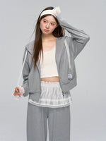 Gray Lace-Trimmed Casual Hoodie & Pant Set