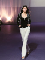 White Sequin-Trim Micro-Flare Pants