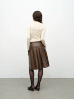 Brown Eyelet Lace-up Pleated Leather Skirt