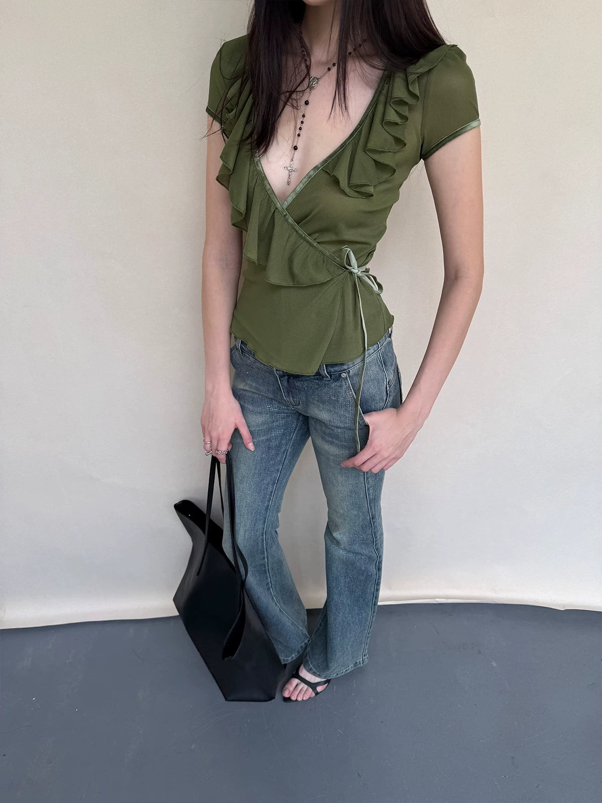 Deep V Ruffle Tie Cardigan