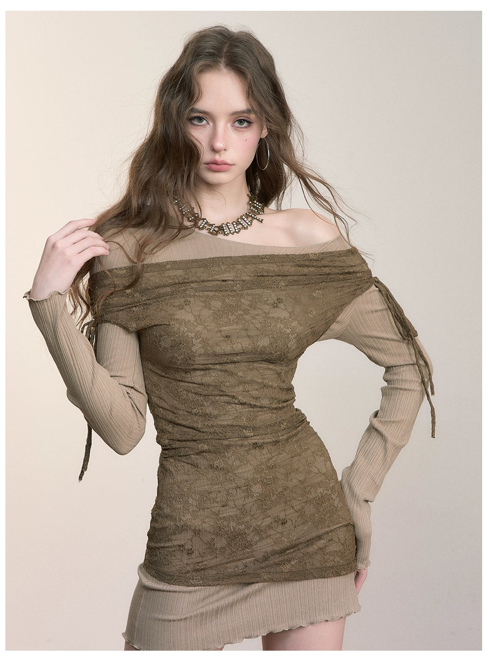 Khaki Colorblock Lace Mini Dress