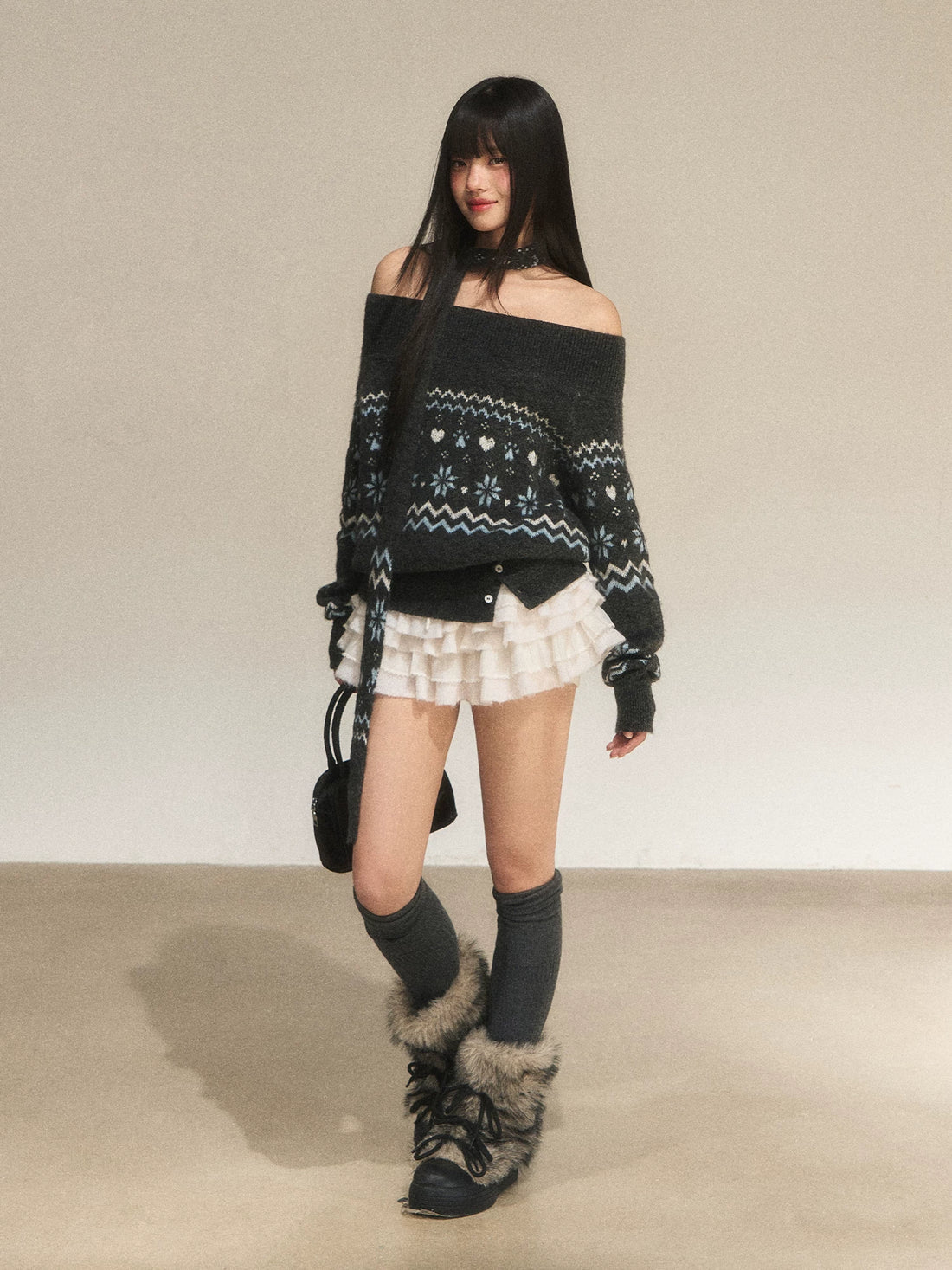 Gray Fair Isle Off-Shoulder Knit Sweater