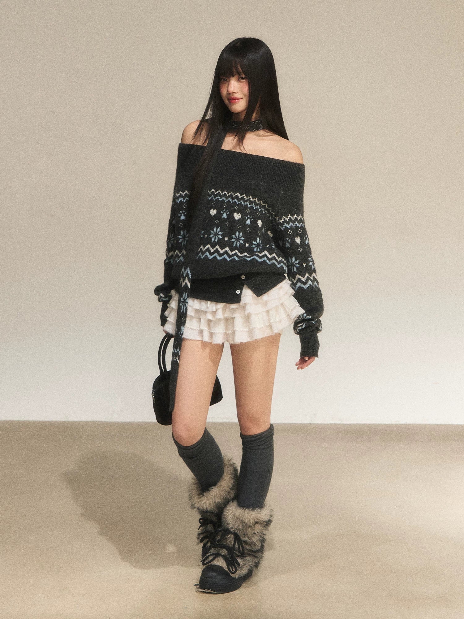 Gray Fair Isle Off-Shoulder Knit Sweater