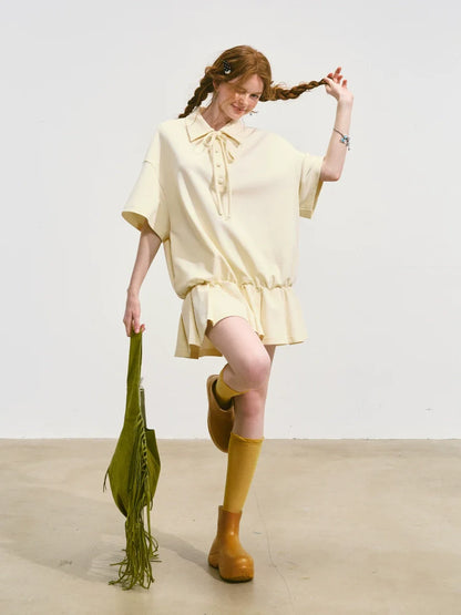 Bowknot Pleated Short-sleeved Dress