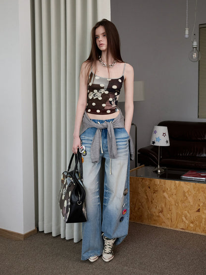 Light Blue Mud-Dyed Badge Wide-Leg Jeans