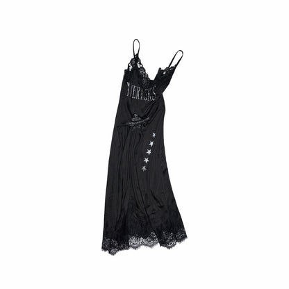 Satin Letter Print Spliced Lace Slip Midi Dress