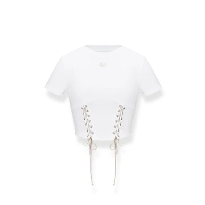 Color-Blocked Belted Straight-Shoulder Short Sleeve Top